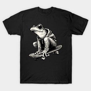 Retro Black and White Frog Skateboarder T-Shirt